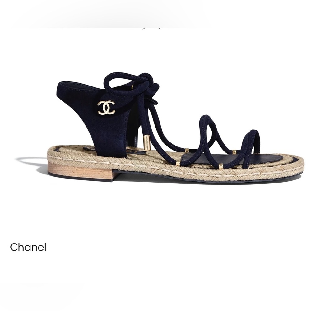 Chanel black leather kidskin tie sandals